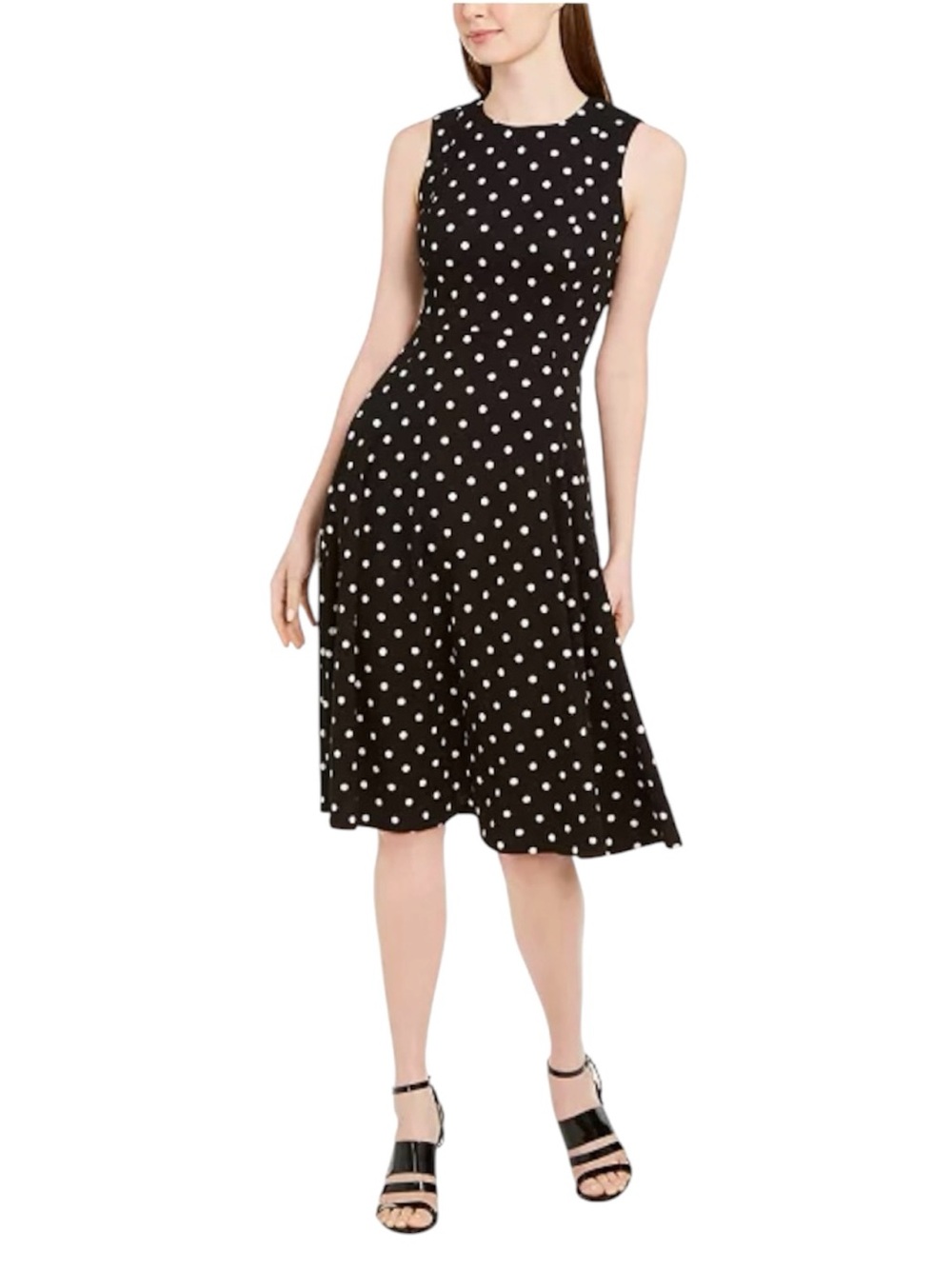 Calvin Klein Black White Polka Dot Midi Dress Size 2 Fit & Flare Sleeveless